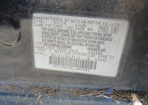 2020 Nissan Versa S Xtronic Cvt из США, поврежденный, VIN 3N1CN8DV8LL802583